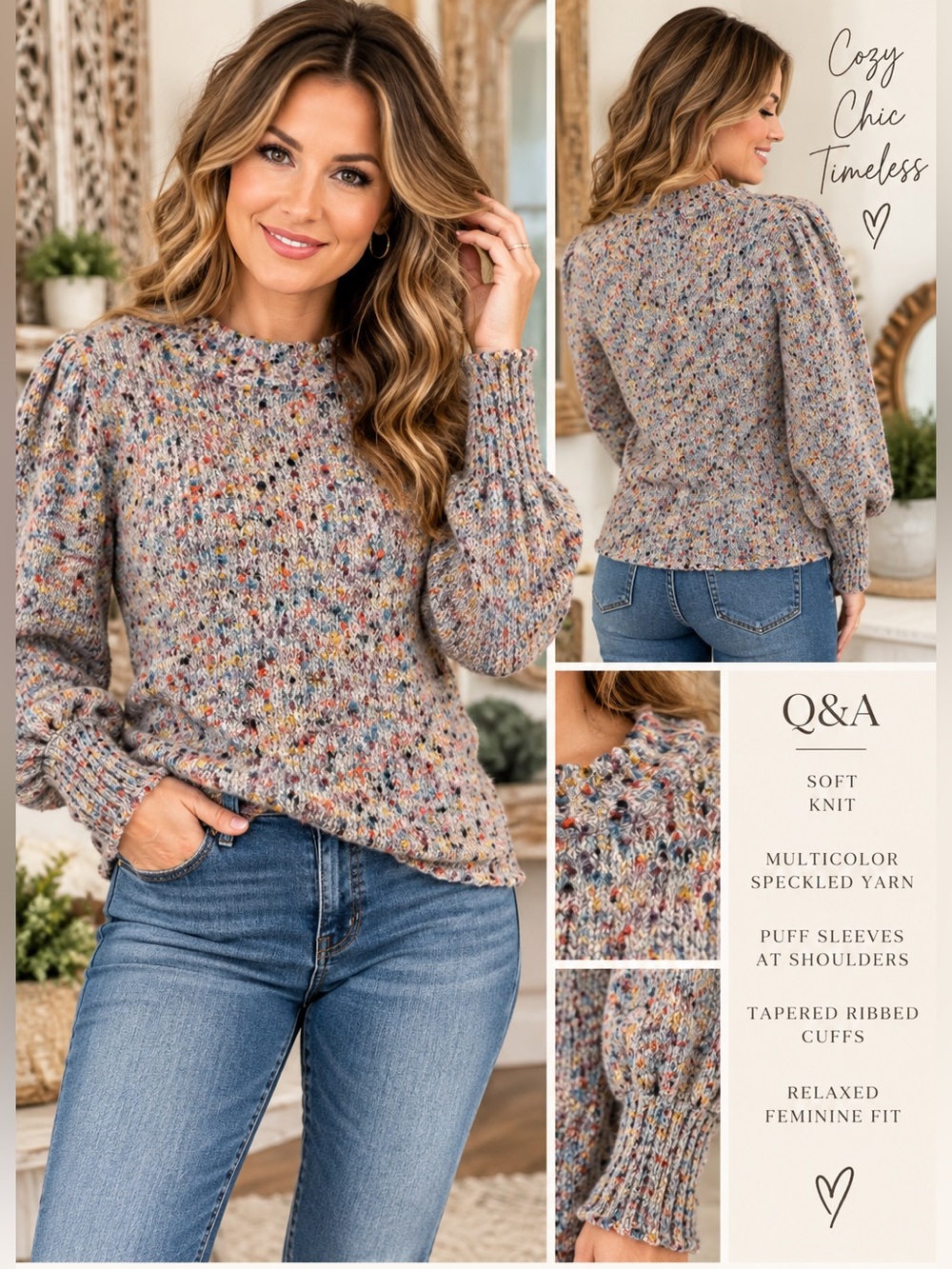 Q&A Multicolor Speckled Crewneck Sweater, Puff Balloon Sleeves- size L